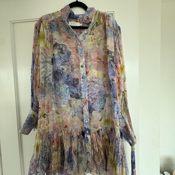 Zimmermann Mini Dress Sz 2 Multicolor Abstract Floral Print Belted Long Sleeve - Picture 6 of 9